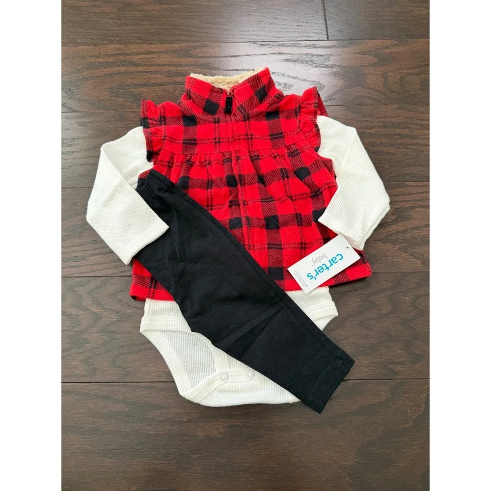 Carters Baby 9M 3Piece Buffalo Plaid Fleece Vest Bodysuit Leggings Set Red Black